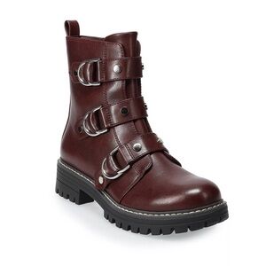 Women's SO Burgundy Vegan Leather Buckle Accent Combat Boots Size 8